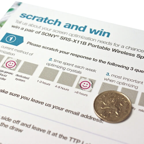 Direct mail questionnaire with scratch off panels